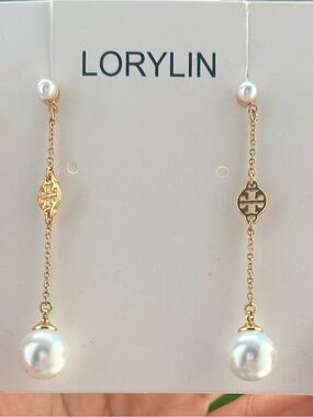 TB Drop Earrings with White Pearls
